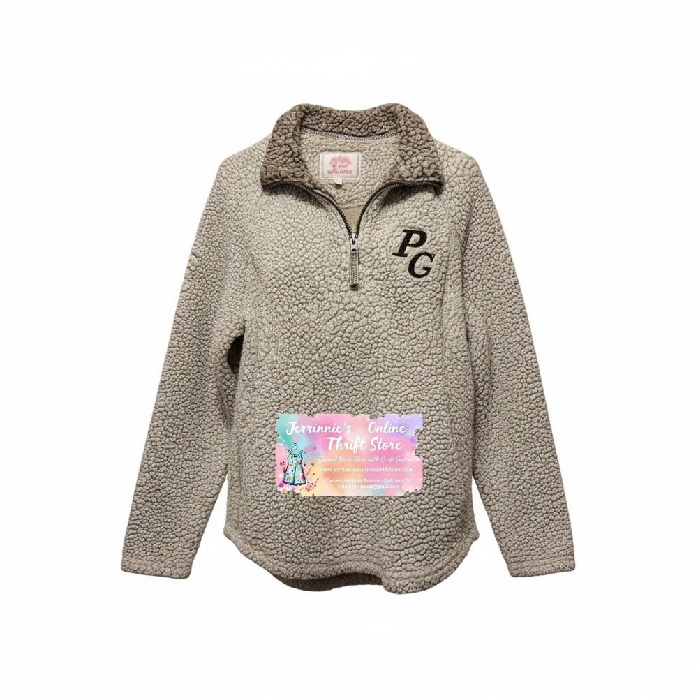 Cozy Sherpa Womens Quarter Zip Fleece Pullover Ivory Brown PG Monogram Large‎